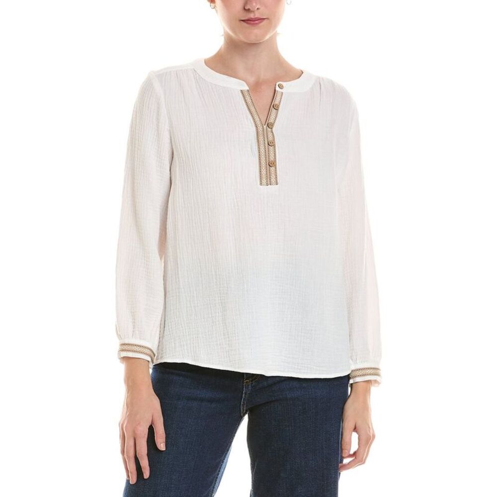Jones New York Womens Petite Embroidered Placket Popover, White